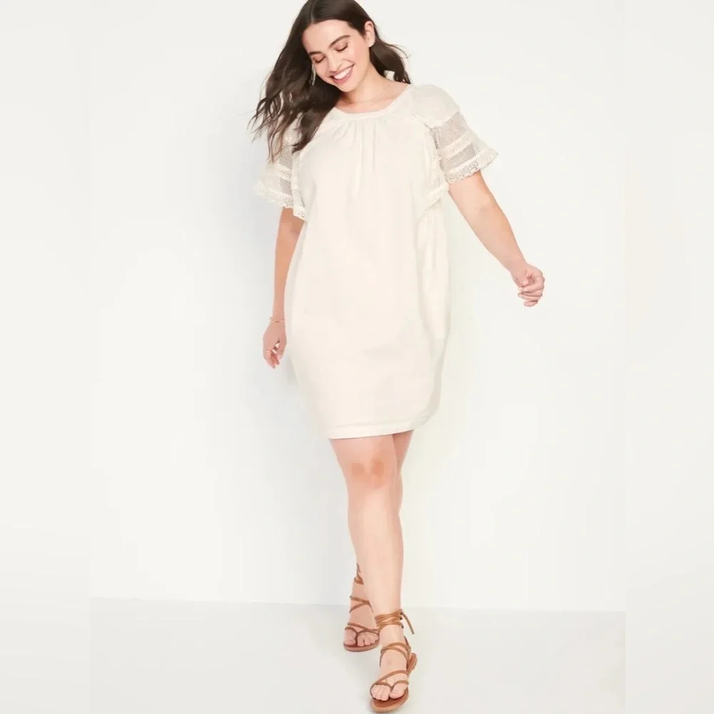 OLD NAVY Off-White Cream Flutter Lace Sleeve Swing Mini Midi Dress Open-Back M - Picture 3 of 16